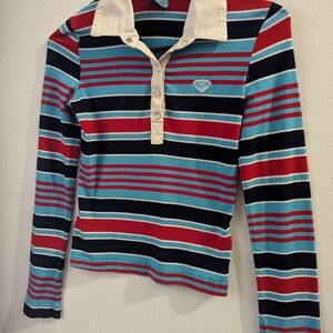 Roxy Striped Long Sleeve Polo - Red, Blue, Cream